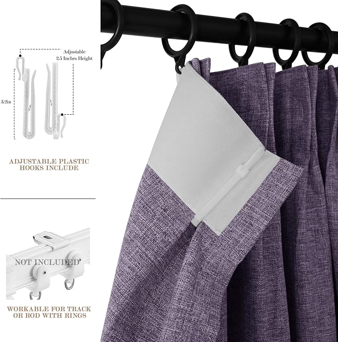 Extra Wide 100% Blackout Linen Textured Curtains - Room Dividers, W200 x L96 (1 Panel), Pinch Pleat Drapes for Living Room, Full Light Block Out Drapery for Sliding Door, Violet