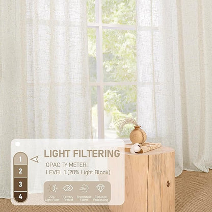 LAMIT Sheer Linen Curtains 63 inches Length, Light Filtering Panels Bronze Grommet Linen Textured Neutral Drapes for Kitchen/Bedroom, Natural, 2 Panels, 34 x 63 Inch