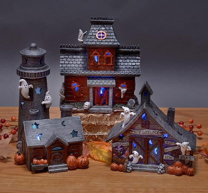 Mark Feldstein & Associates Spooky Halloween Color Changing Pre-Lit LED Haunted House Village Set, 8 Inch, Set of 3