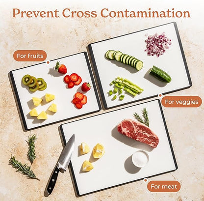 SMIRLY Plastic Cutting Board Set 3 Pieces, Non-Slip Dishwasher Safe Chopping Boards for Kitchen, Black & White