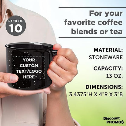 DISCOUNT PROMOS Custom Ceramic Campfire Coffee Mugs 13 oz. Set of 10, Personalized Bulk Pack - Perfect for Tea, Espresso, Cappuccino, Hot Cocoa - Black