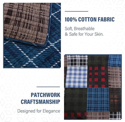 NEWLAKE Quilt Set King Size, Cotton Patchwork Blue Black Checkered Patterns Quilt Sets, Reversible Bedspread Lightweight and Breathable for All Seasons, Soft Quilted Bedspread with 2 Pillow Shams