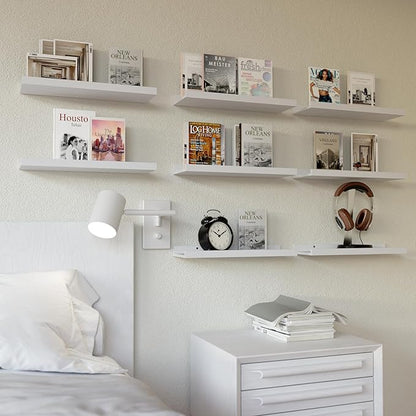 RICHER HOUSE 8 Set Floating Wall Mounted Shelves, Nursery Hanging Book Shelves with Lip for Storage, White Display Picture Ledge Shelf for Bedroom Bathroom Kitchen Living Room Wall Decor, Modern White