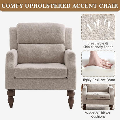 Kidol & Shellder Oatmeal Oversized Accent Chair for Living Room Set of 2 Modern Reading Chair with Back Wide Upholstered Comfy Single Sofa Chair Bedroom Lounge Side Corner Boucle Fabric Armchair