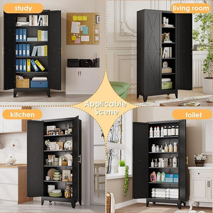 71" H Metal Kitchen Pantry Storage Cabinet, Freestanding Cupboard with 2 Doors and 4 Adjustable Shelves, Standing Storage for Kitchen, Bathroom, Garage, Dinning Room or Utility Room（Black）
