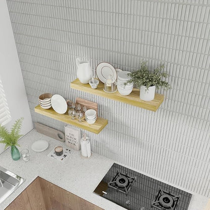 IAE Floating Wall Shelves 24 inch,Bathroom Shelves Wall Mounted,Invisible Shelves Floating Kitchen Shelves,Wooden Wall Shelves with Brackets for Living Room Wall Mounted,Easy Install,Set of 2,Natural