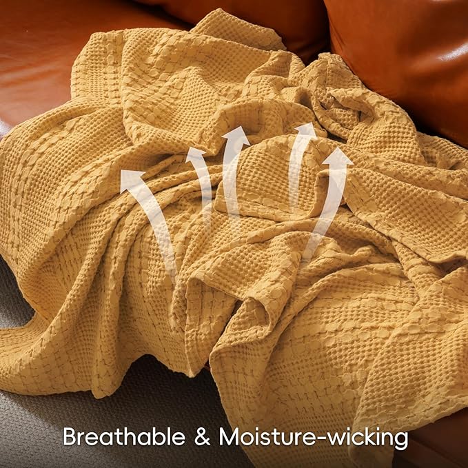 PHF 100% Cotton Waffle Weave Throw Blanket, Soft Lightweight Breathable Cozy Summer Throws for Couch Bed Sofa, Luxury Aesthetic Woven Blanket for Home Decor & Office, 50"x60", Ginger/Honey Yellow