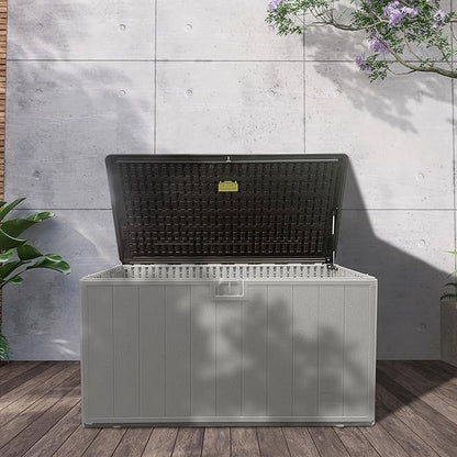 110 Pro Gallon Resin Deck Box, Waterproof Outdoor Storage Bin for Patio, Poolside, and Garden, Lockable & UV-Resistant, Ideal for Small Spaces, Coffee