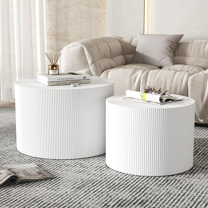 Round Coffee Table Set of 2, Modern Wooden White Nesting Coffee Tables for Living Room, No Assembly Required Circle Side Tables Set Accent End Table for Bedroom, Balcony