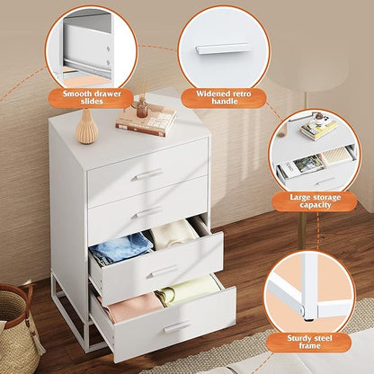 WLIVE White Wood Dresser for Bedroom with 4 Drawers, Tall Chest of Drawers with Sturdy Metal Frame for Living Room, Hallway, Closet