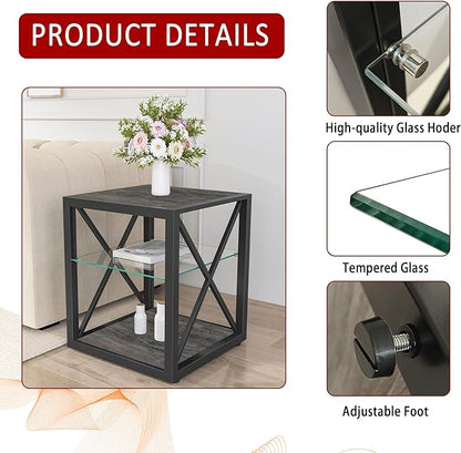 Farmhouse End Table, Modern Side Table with 3-Tier Storage Shelf, Square Rustic Nightstand, Accent Tea Table, for Bedroom Office Living Room, Grey, Natural Wood, Glass, Metal