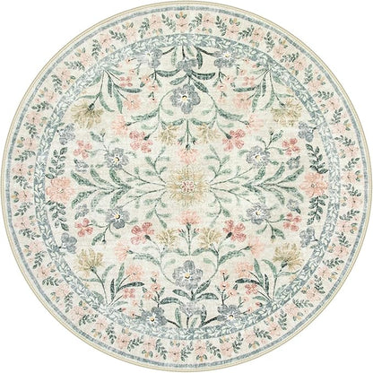 Wonnitar Round Washable Rug, Soft Floral Round Rugs 5ft Circle Carpets for Bedroom Ultra-Thin, Boho Beige Print Distressed Circular Carpet for Living Room Dorm Bedside