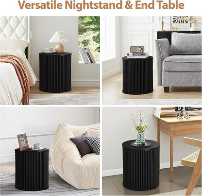 AVZEAR Fluted Round Side Table with Storage, Small Mid Century End Table Fluted Nightstands, Modern Circle Bedside Tables Wood Night Stand for Small Spaces, Living Room, Bedroom (Black)