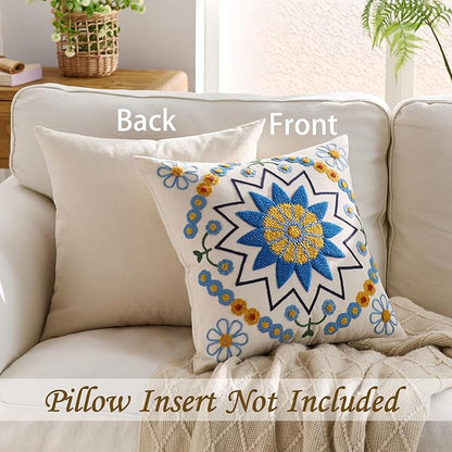 Embroidered Throw Pillow Cover 18x18 Classic Boho Floral Pattern Pillows Cover Outdoor Decorative Pillowcase,Durable Cozy Textured Cushion Case for Sofa Couch Bed Living Room,Blue Orange