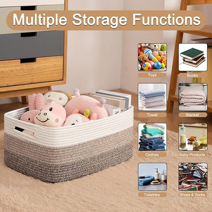 Large Storage Basket for Organizing, Woven Rope Basket for Shelves, Closet Organizer Bins for Clothes, Blanket, Toys, Baby Nursery Storage, 17.7" x 13" x 7.87", 2 Packs Yellow