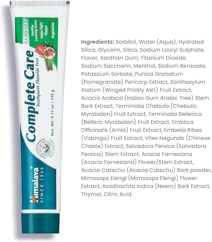 Himalaya Complete Care Toothpaste, Fights Plaque, Freshens Breath, Fluoride Free, Plant-Based, with Neem, Pomegranate, No Artificial Flavors, Cruelty Free, Mint Flavor, 6.17 Oz, 2 Pack…