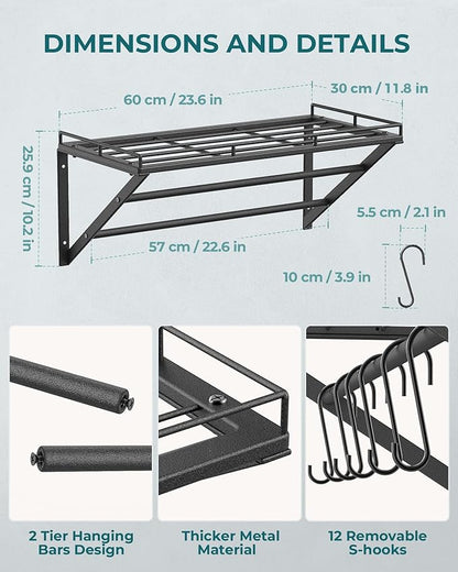 OROPY 23 Inch Wall Mounted Pot Rack Storage Shelf with 2 Tier Hanging Rails 12 S Hooks included, Ideal for Pans, Utensils, Cookware, Plant Black