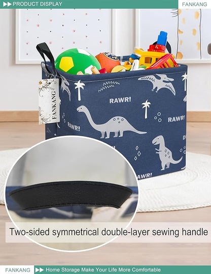 FANKANG Square Nursery Hamper Storage Bins Canvas Laundry Basket Foldable with Waterproof PE Coating Storage Baskets Gift Baskets for Children, Office, Bedroom, Clothes（Square-Blue dinosaur ）
