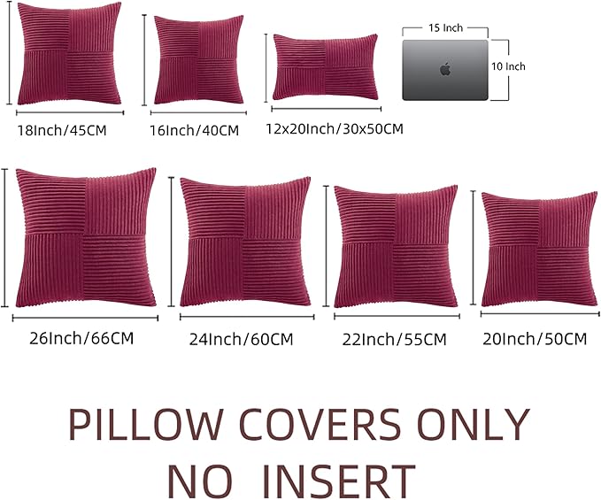 Fancy Homi 2 Packs Burgundy Samll Decorative Throw Pillow Covers 14x14 Inch with for Couch Bed Sofa, Rustic Farmhouse Boho Home Decor, Soft Corss Patchwork Corduroy Square Cushion Case 35x35 cm