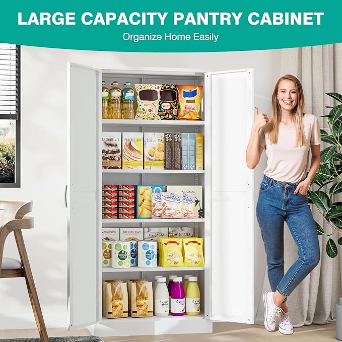 SISESOL Metal Storage Cabinet with 2 Doors and 5 Shelves,61 inch White Pantry Storage Cabinet,Large Farmhouse Pantry Cupboard for Home,Kitchen,Dining/Living Room