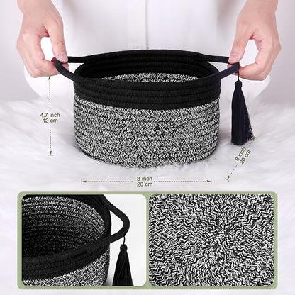 Empty Gift Basket Mini Woven Rope Organizer Baskets for Baby Shower, Vanity, Makeup Brushes, Bathroom, Shelves, Desk - Small Decorative Storage Bins - Set of 2, Pre-Shaped, Black Grey