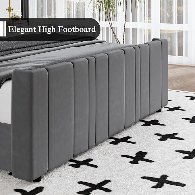 King Size Bed Frame and Headboard, Modern Velvet Upholstered Bed Frame with Vertical Channel Tufted Headboard & Footboard, Soft Bed Frame King, Noise Free, No Box Spring Needed, Easy Assembly, Grey