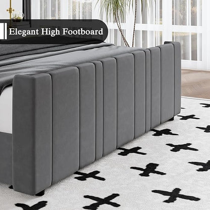 King Size Bed Frame and Headboard, Modern Velvet Upholstered Bed Frame with Vertical Channel Tufted Headboard & Footboard, Soft Bed Frame King, Noise Free, No Box Spring Needed, Easy Assembly, Grey