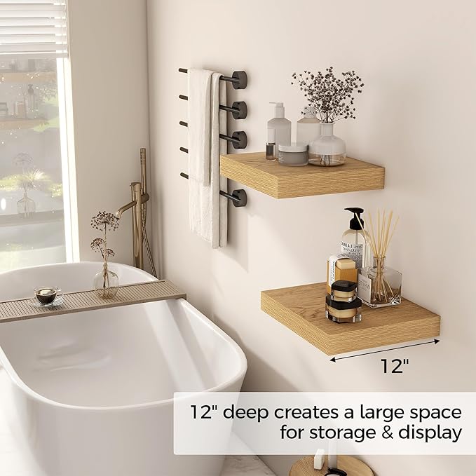 Fun Memories 12 Inch Floating Shelf, Rustic Wood Wall Shelves for Wall Decor & Storage, 12 x 12 Floating Shelf for Living Room, Bathroom, Bedroom, Oak, Set of 2