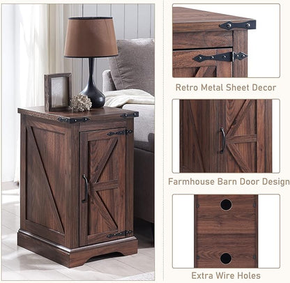JXQTLINGMU Nightstand with Charging Station, Rectangular Farmhouse End Table with Barn Door and Adjustable Storage Shelf, 17" Deep Wood Rustic Sofa Side Table for Living Room, Bedroom, Brown