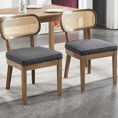 Rattan Dining Chairs Set of 2 Upholstered Linen Kitchen & Dining Room Chair with Curved Backrest Farmhouse Kitchen Chair Solid Wood Armless Side Chair for Dining Room/Restaurant, Black