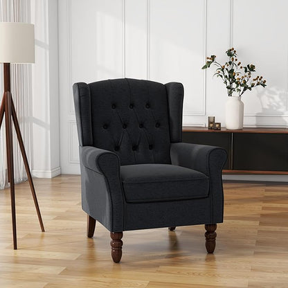 UIXE High Back Accent Chair, Upholstered Armchair in Fabric, Retro Wingback Arm Chair for Living Room, Comfy Single Sofa Bedroom Reading Seat with Solid Wood Legs - Black Blue