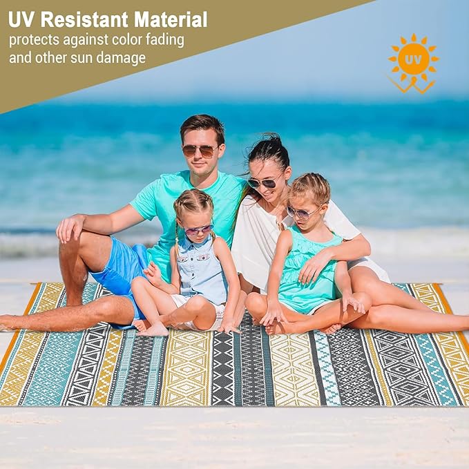 GAOMON Outdoor Plastic Straw Rug, 10'x20' Reversible Sage Green Patio Mat, Flower Modern Design for RV, Backyard, Deck, Camping, Picnic, Teal/Yellow(Bohemia)