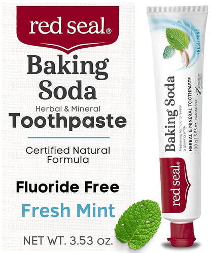 Red Seal Fluoride Free Toothpaste - Baking Soda - Herbal & Mineral Formula, Vegan-Friendly, Cruelty-Free, SLS and Paraben-Free, No Artificial Flavors, NATRUE Certified Natural, Dry Mouth Relief