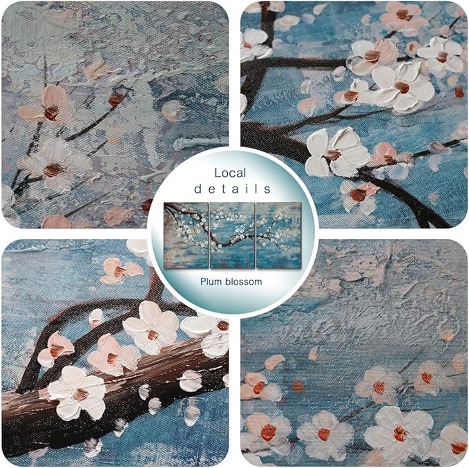 amatop Extra Large Wall Art for Living Room 100% Hand-Painted Framed Decorative Plum Floral Oil Painting Set Decorative Modern Blue Tree Artwork Ready to Hang