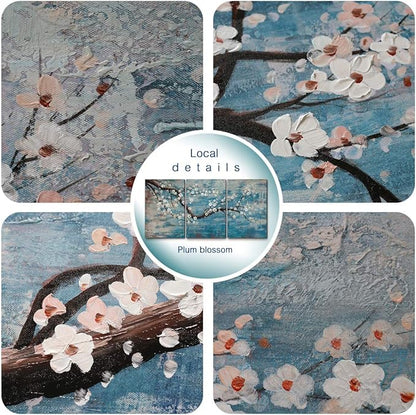 amatop Extra Large Wall Art for Living Room 100% Hand-Painted Framed Decorative Plum Floral Oil Painting Set Decorative Modern Blue Tree Artwork Ready to Hang