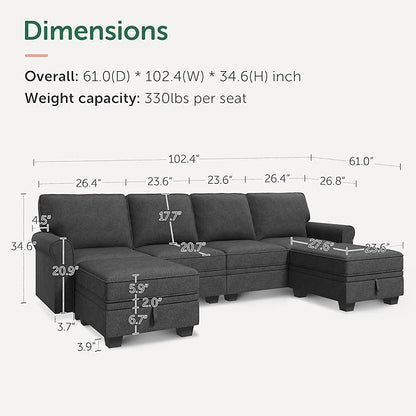 HONBAY Sectional Sofa with Storage Seat U Shaped Couch with Reversible Chaise Convertible Sectional Couches for Living Room,Dark Grey