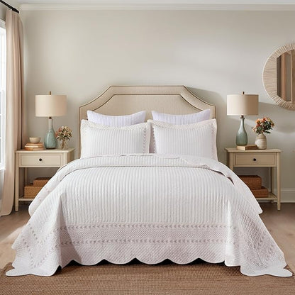 MarCielo 100% Cotton Quilt Set White Lightweight Bedspread with Scalloped Edge, Farmhouse Vintage Bedding, All Season Use(TC Off-White,King (114"x102"))