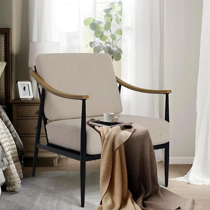 Modern Accent Chair for Living Room Bedroom Mid Century Arm Chair Upholstered Office Accent Chair Comfy Waiting Room Chair with Metal Frame, Beige