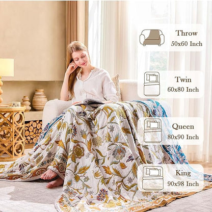 Fall Throw Blanket for Couch, Brown Boho Decorative Throw Blanket, 100% Cotton Muslin Breathable Woven Farmhouse Blankets Quilt, 90"x98" Reversible Lightweight Blankets Bohemian Throw Quilt