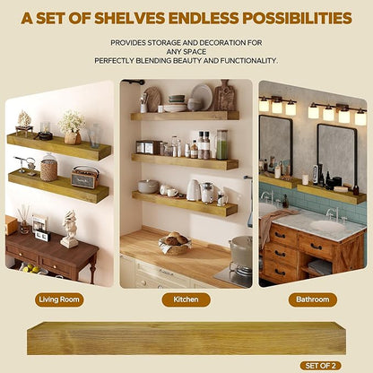 Floating Shelves 3 inch Thick for Wall Set of 2,Solid Pine Wood Wall Mount Shelf for Kitchen Living Room Bedroom Bathroom,8" D x 60" L x 3" H-Gold Oak