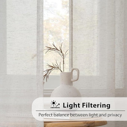 FMFUNCTEX Linen Sheer Curtains for Bedroom, Grey Curtains 96 inches Long for Living Room, Gray Farmhouse French Flax Blend Window Draperies, Rod Pocket 2 Panels Set