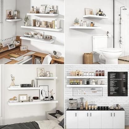 RICHFOCUS 24Inch Floating Shelves for Wall 2 Pack Shelves for Bedroom|Kitchen|Bathroom Wall Mounted Rustic Wood Floating Shelf with Invisible Brackets for Books|Storage|Decor, White