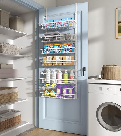 Over The Door Pantry Organizer, Wall Mount Spice Rack, Pantry Hanging Storage and Organization, 6 Adjustable Baskets Heavy-Duty Metal for Home & Kitchen, Back of Door Seasoning Rack - White
