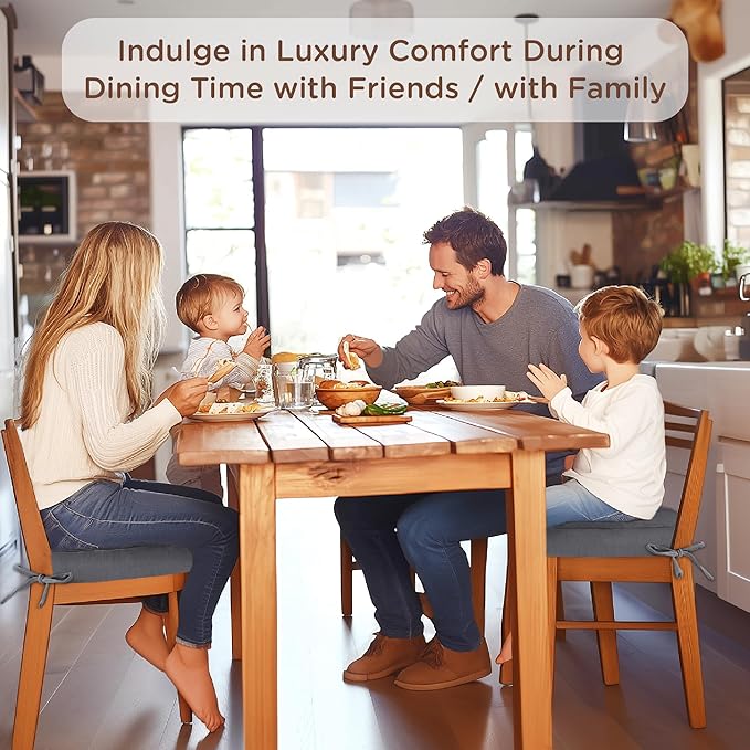 Codi Dining Chair Cushions 4 Pack, Thick Chairs Pads for Indoor Kitchen Room - Washable, Non-Slip Seat Cushion with Ties, 16.5"x16.5"x 3.5", Set of 4, Grey