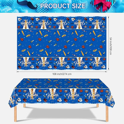 2 Pack Fathers Day Tablecloth - Happy Father's Day Table Cloth, Plastic Disposable Rectangle Blue Father Day Table Cover for Fathers Day Decorations Party Decor Supplies Favors,108 x 54 Inch