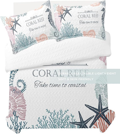 Coastal Bedding King Size 2 Shams, Nautical Beach Comforter Sets Ocean Bedspreads Coastal Coverlet Summer Bedding, 96''x106''