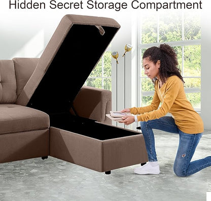 Naomi Home Transform Any Space: Sleeper Sectional Sofa with Convertible Sofa Bed & Inviting Chaise. Find Tranquil Comfort with Stress-Relieving Design & Durable Cushions - Mocha/Velvet