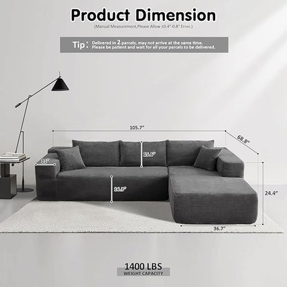 ovios 104" Cloud Sectional Couch with L-Shape Chaise,Modern Modular Sofa with Deep Seat, Upholstered Couches for Living Room Bedroom,No Assembly Required, Grey (Corduroy Fabric)