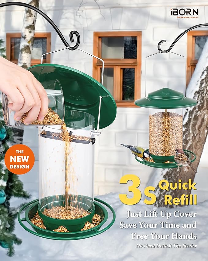 iBorn Metal Bird Feeders for Outdoors Hanging,Wild Bird Feeders for Cardinal,18cm Large Roof&Tray New Green 6 Port (Seed is not Included)