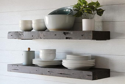 Urban Legacy Reclaimed Barn Joist Deep Floating Shelves | Deep Shelves with Low Profile Shelf Bracket with High Weight Capacity, Set of 2 (24" x 11" x 2.5", Rustic Brown)